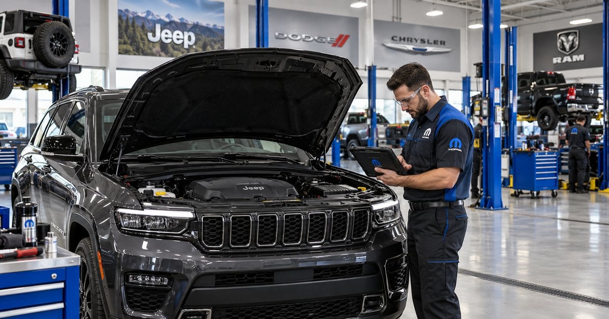 Illustration of a service technician inspecting a Jeep SUV in a modern automotive service bay