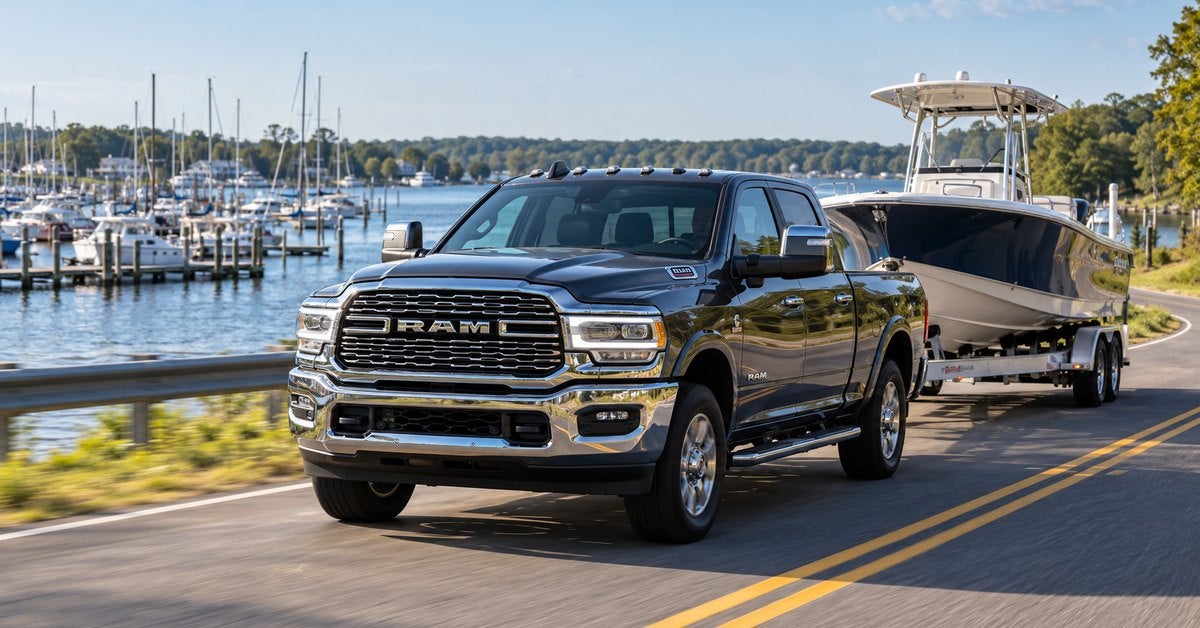 Illustration of a Ram pickup towing a boat near a Southern Maryland waterfront