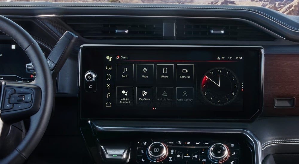 Close-up of the infotainment screen in a 2025 GMC Sierra 2500 HD.