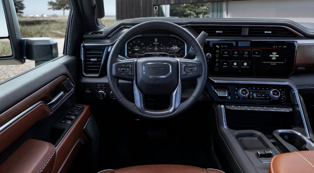 The brown interior of a 2025 GMC Sierra 2500 HD Denali.