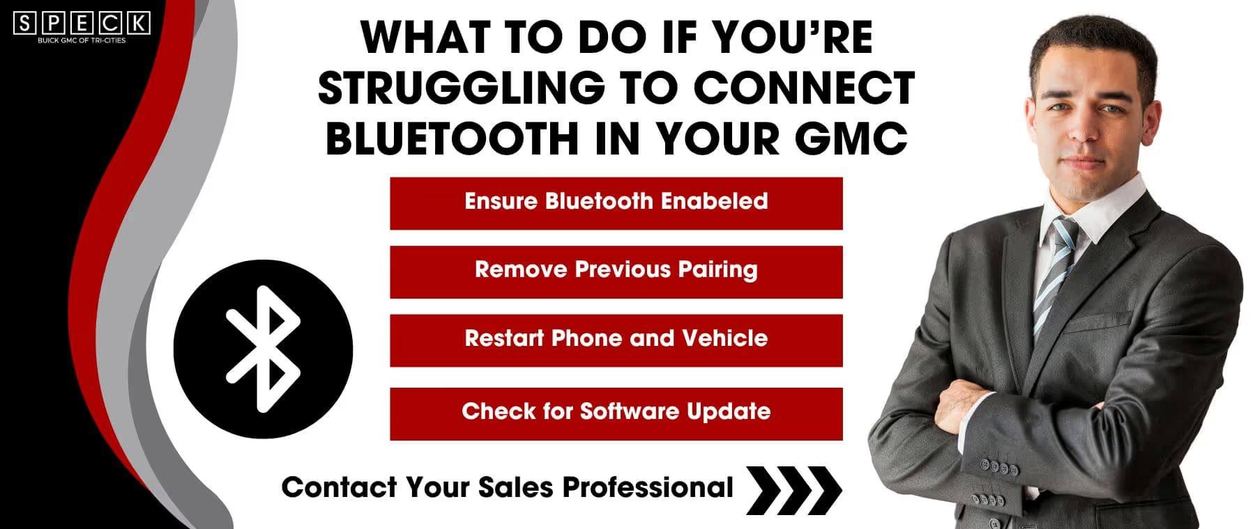 Guide to troubleshooting Bluetooth connection issues in GMC vehicles with 4 steps and a professional in a gray suit