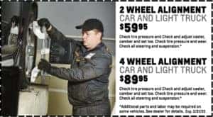 Car and light truck 2 or 4 wheel alignment service special with pricing, featuring technician working on vehicle alignment equipment