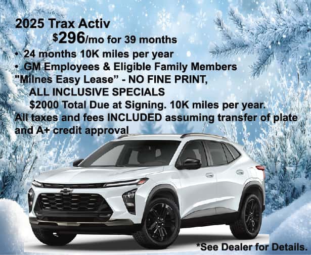 2025 Chevrolet Trax Activ white SUV lease offer, $296/month, winter snow background with pine trees