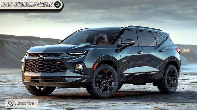 2025 Chevrolet Blazer SUV in metallic gray, black wheels, rugged terrain backdrop, modern design