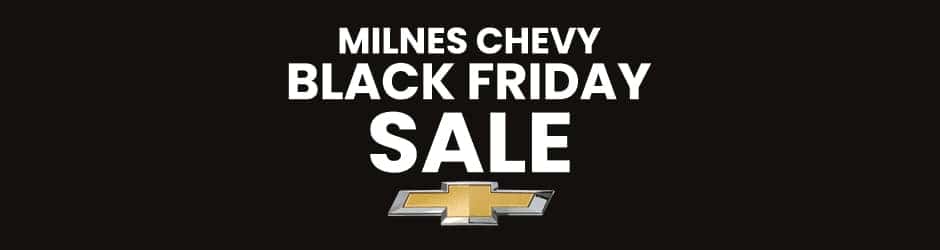 Milnes Chevy Black Friday Sale promotional image with gold Chevrolet bowtie logo on black background