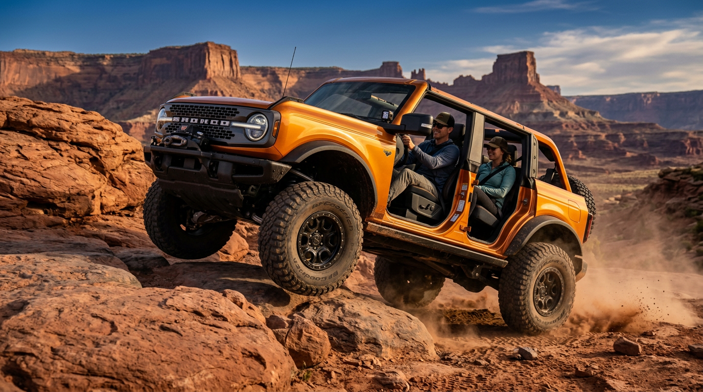An orange Ford Bronco navigating rocky terrain in a desert canyon with its doors removed.