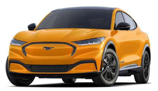 A Yellow blue Ford Mustang Mach-E SUV