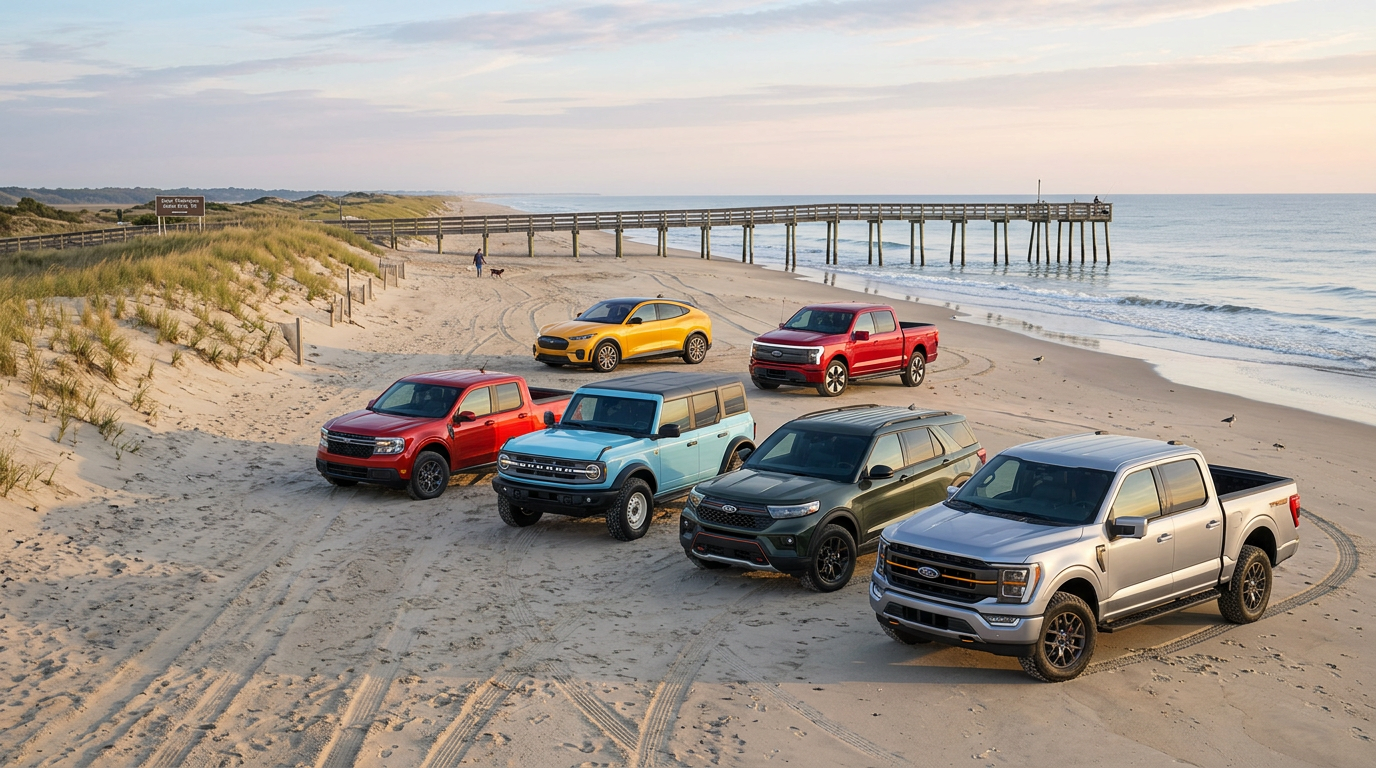 Six Ford vehicles including trucks and SUVs parked on a sandy beach next to an ocean pier. (Representative image for illustration purposes only. Actual vehicle may vary based on trim and configuration.)
