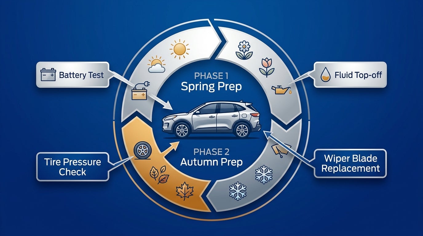 A circular diagram illustrating seasonal car maintenance steps for Spring Prep and Autumn Prep around an SUV. (Representative image for illustration purposes only. Actual vehicle may vary based on trim and configuration.)