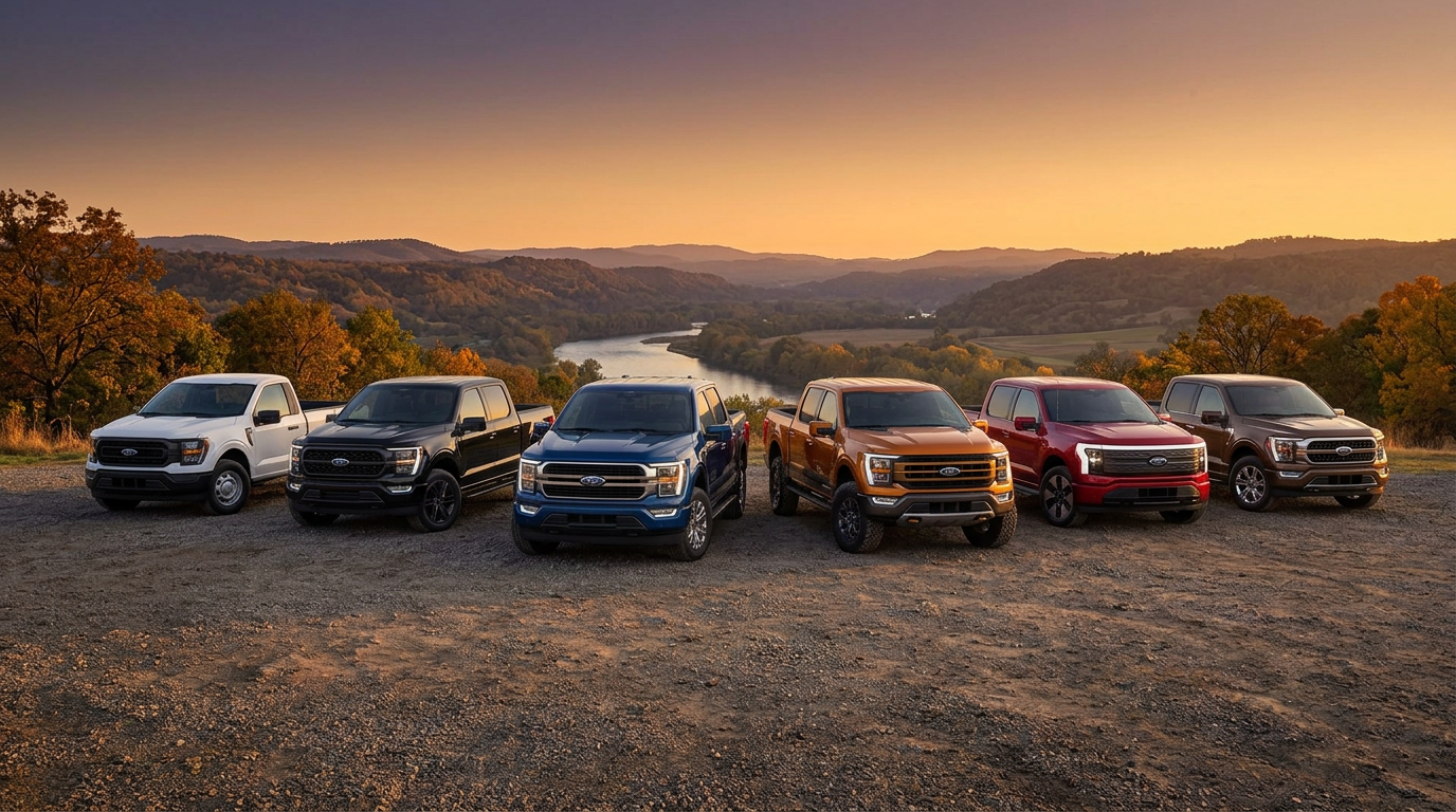 Lineup of six Ford F-150 trucks in different colors parked on a dirt hill overlooking a river valley at sunset. (Representative image for illustration purposes only. Actual vehicle may vary based on trim and configuration.)