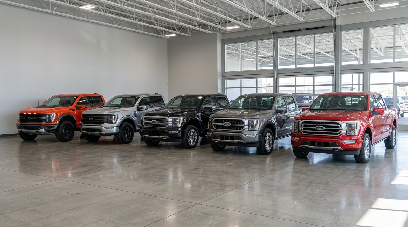 Five Ford F-150 pickup trucks in various colors lined up on a polished floor inside a modern dealership showroom. (Representative image for illustration purposes only. Actual vehicle may vary based on trim and configuration.)