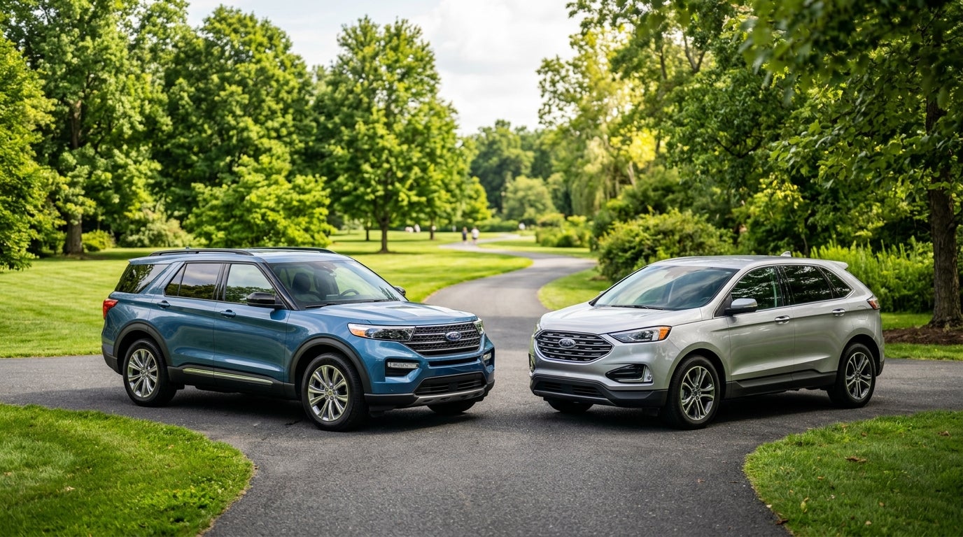 Blue Ford Explorer and silver Ford Edge parked side by side on a paved path in a grassy park setting. (Representative image for illustration purposes only. Actual vehicle may vary based on trim and configuration.)