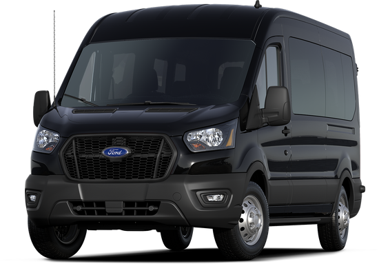 A Black Ford Transit cargo van with a "100% Electric" lightning bolt