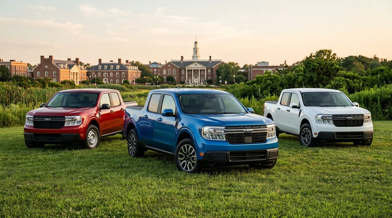 A sleek 2026 Ford Maverick Lariat, XL, XLT in a vibrant metallic blue, red, and white finish parked on a clean grass in Dover, Delaware, during the soft golden hour, high-end automotive photography style, low-angle 3 different angles, blurred suburban background featuring colonial-style architectur