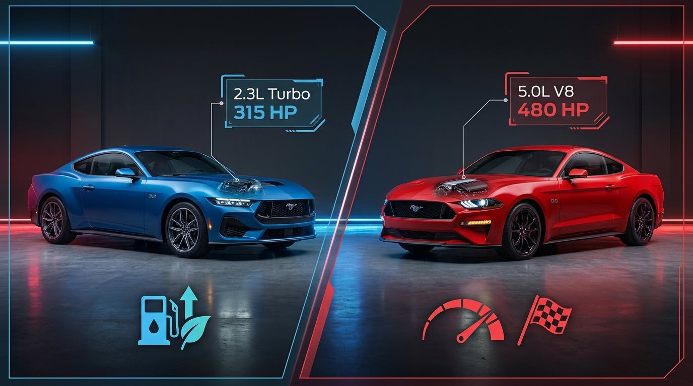 Comparison graphic featuring a blue 2.3L Turbo Mustang and a red 5.0L V8 Mustang with performance specs. (Representative image for illustration purposes only. Actual vehicle may vary based on trim and configuration.)