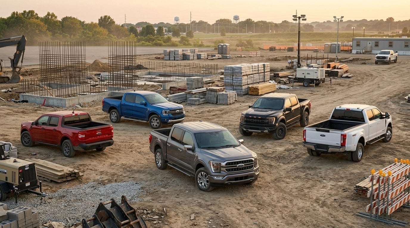 Five Ford pickup trucks in various colors and sizes parked together on a dusty dirt construction site. (Representative image for illustration purposes only. Actual vehicle may vary based on trim and configuration.)