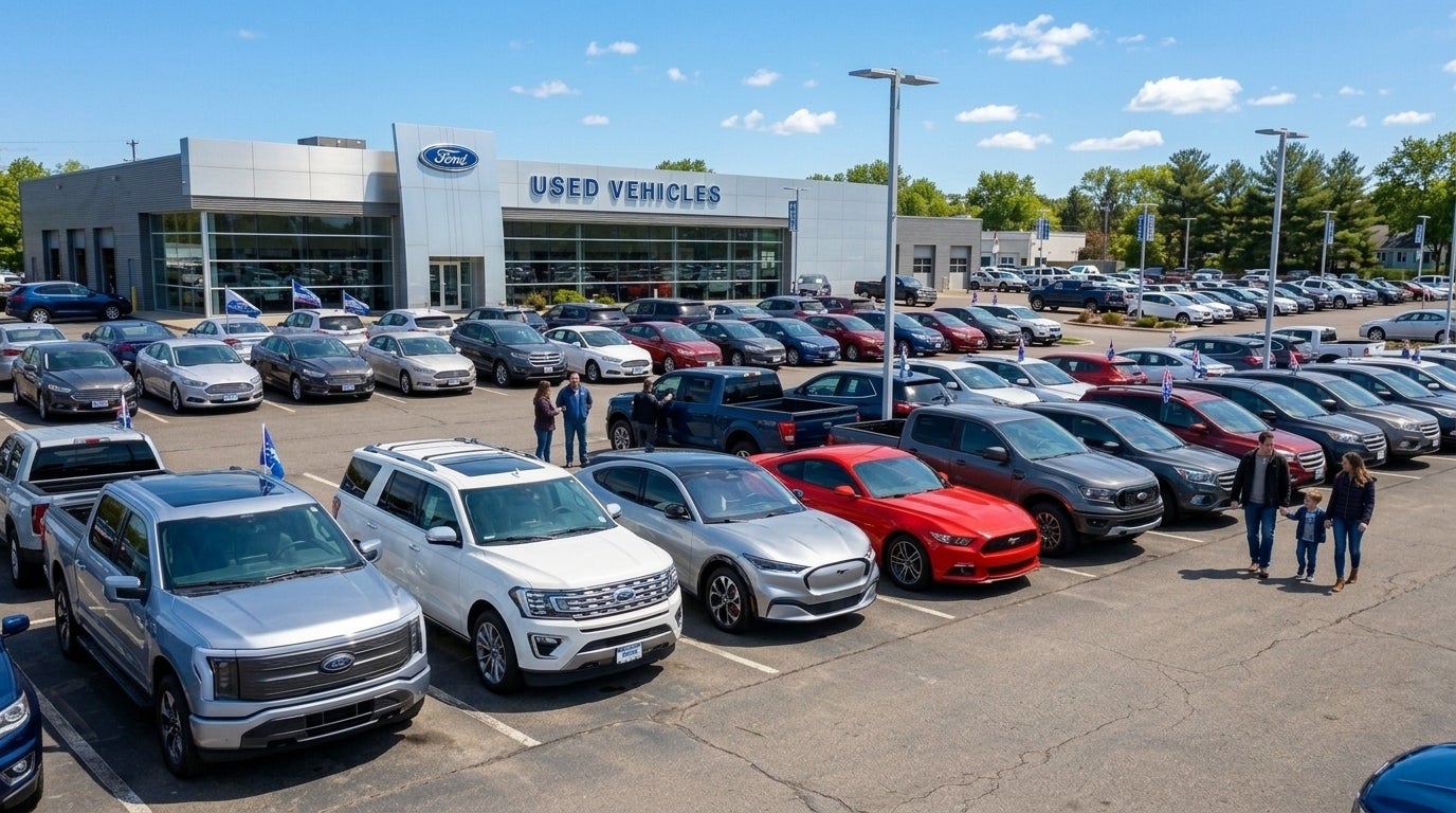 A Ford car dealership lot showcasing various trucks, SUVs, and Mustangs on a sunny day. (Representative image for illustration purposes only. Actual vehicle may vary based on trim and configuration.)