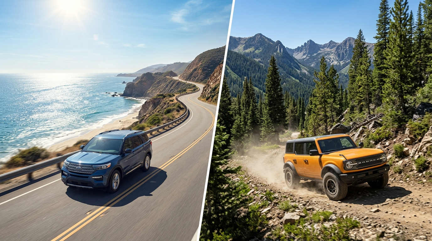Split screen comparing a blue SUV on a coastal highway and an orange SUV on a rugged mountain dirt road. (Representative image for illustration purposes only. Actual vehicle may vary based on trim and configuration.)