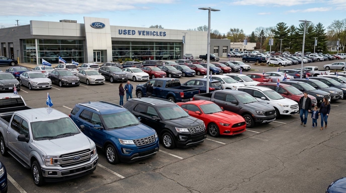 A crowded Ford dealership parking lot filled with various used cars, SUVs, trucks, and walking shoppers. (Representative image for illustration purposes only. Actual vehicle may vary based on trim and configuration.)