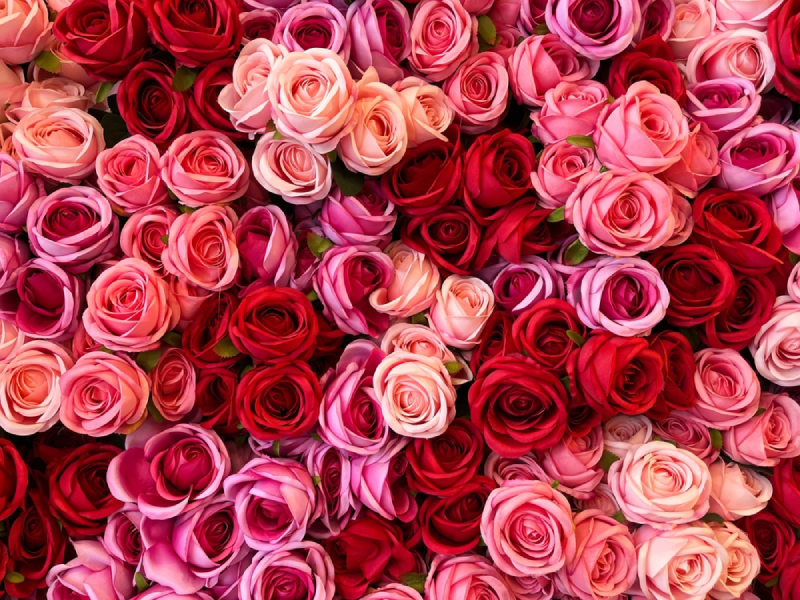 A dense full-frame arrangement of artificial roses in various shades of pink, red, and peach.