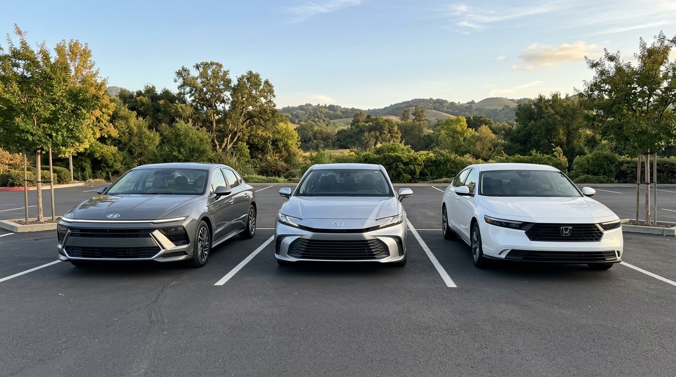 Three modern sedans—a grey Hyundai Sonata, silver Toyota Camry, and white Honda Accord—parked in an outdoor lot. (Representative image for illustration purposes only. Actual vehicle may vary based on trim and configuration.)