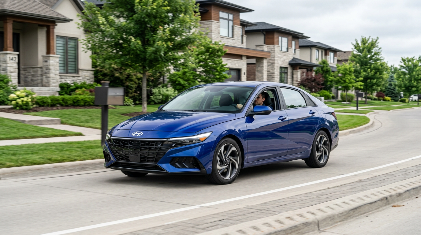 A blue Hyundai Elantra sedan driving down a suburban street past modern stone-clad houses. (Representative image for illustration purposes only. Actual vehicle may vary based on trim and configuration.)