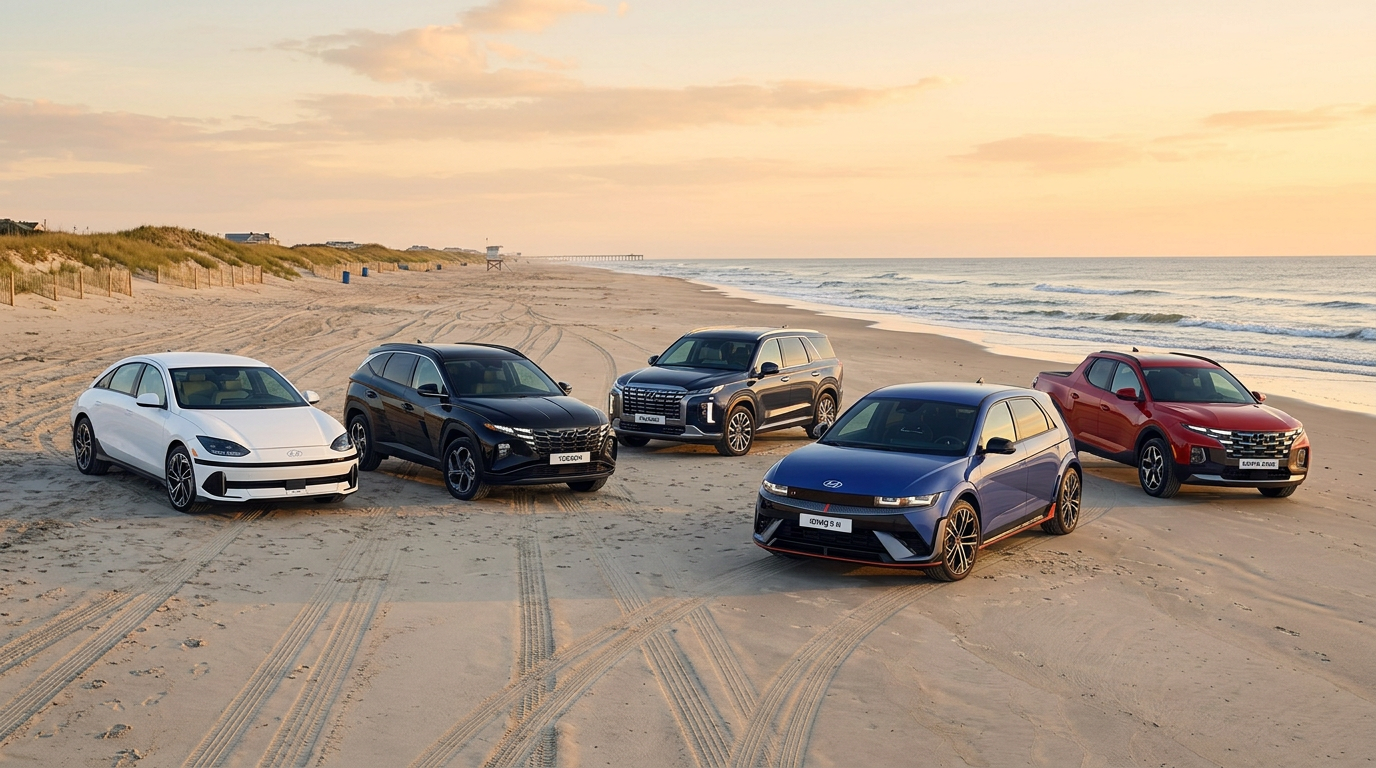 Five modern Hyundai vehicles parked in a semi-circle on a sandy beach during sunset. (Representative image for illustration purposes only. Actual vehicle may vary based on trim and configuration.)