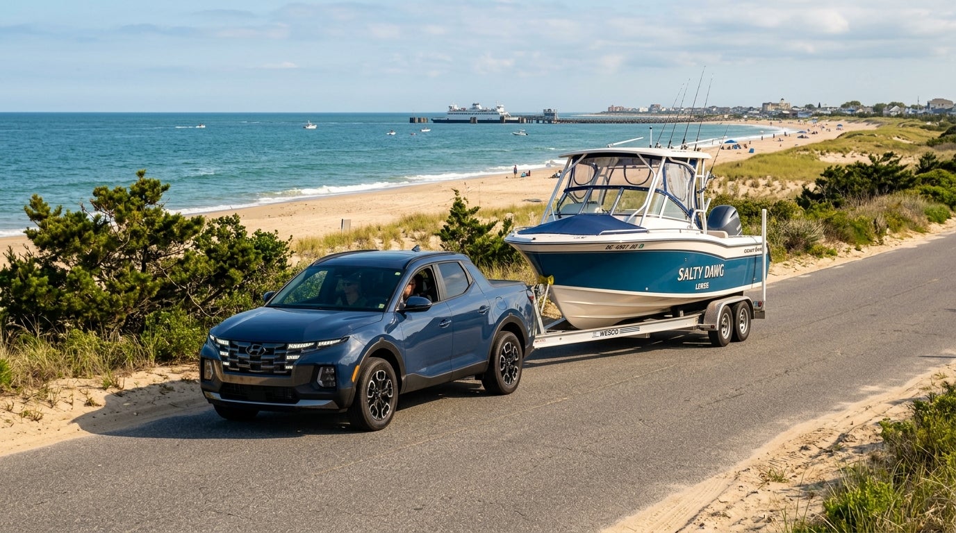 A blue Hyundai Santa Cruz pickup truck towing a blue and white fishing boat named Salty Dawg along a coastal road. (Representative image for illustration purposes only. Actual vehicle may vary based on trim and configuration.)
