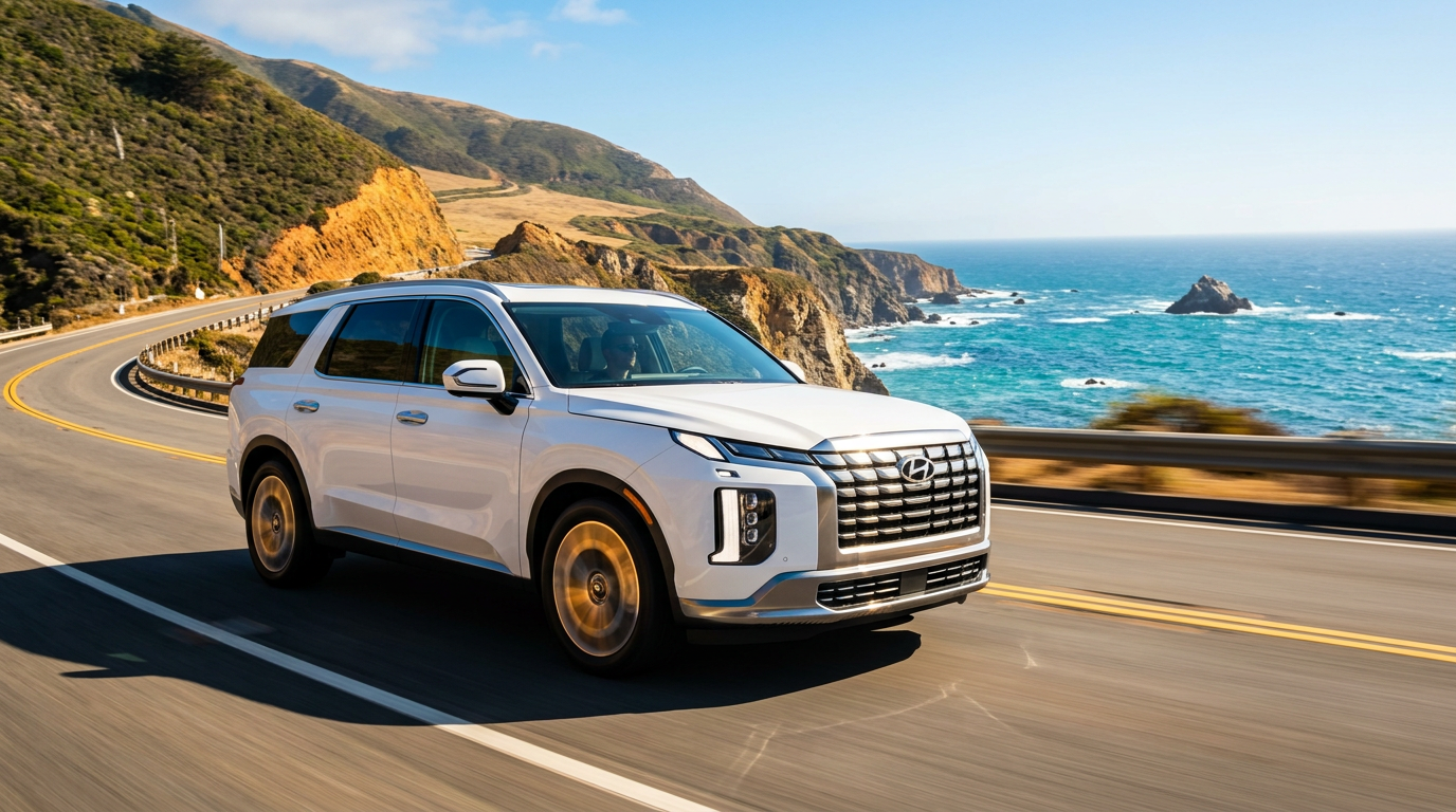 A white Hyundai Palisade SUV driving along a scenic coastal highway overlooking the ocean. (Representative image for illustration purposes only. Actual vehicle may vary based on trim and configuration.)