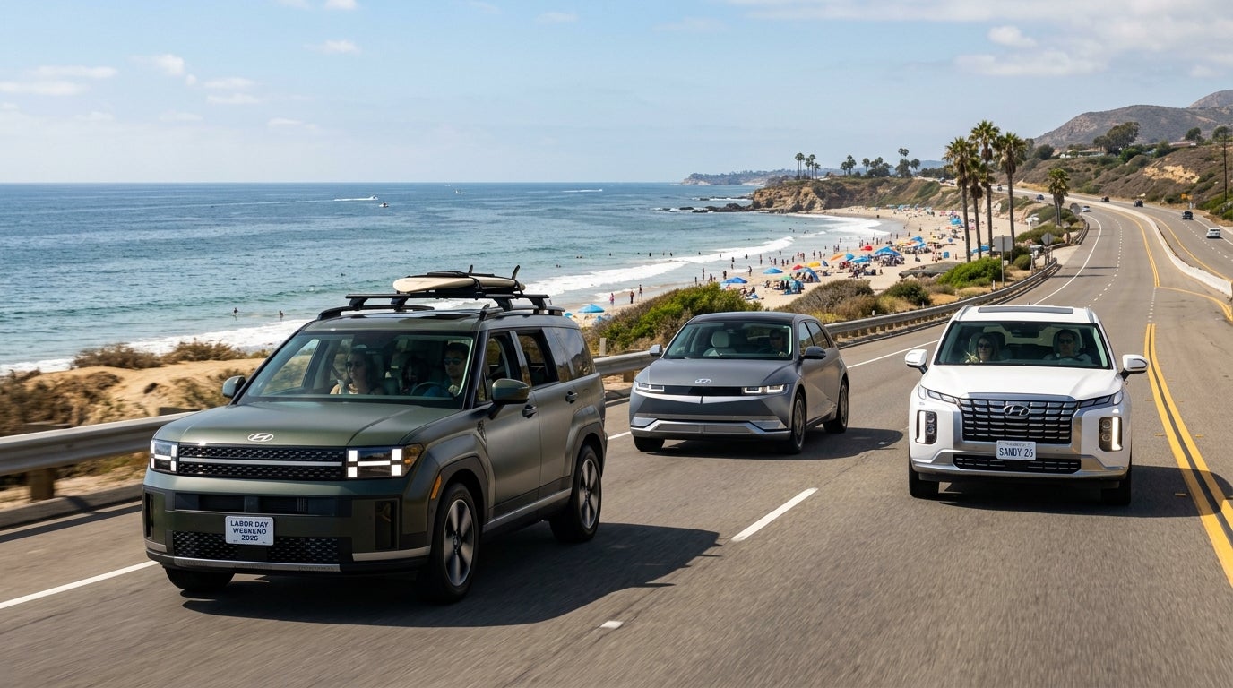 Three Hyundai vehicles drive along a scenic oceanfront coastal highway past a sandy beach. (Representative image for illustration purposes only. Actual vehicle may vary based on trim and configuration.)