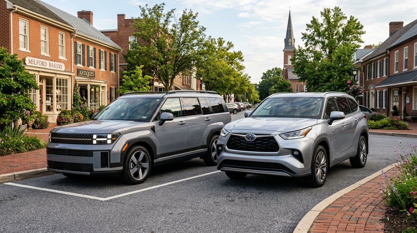A silver Hyundai Santa Fe and a silver Toyota Highlander SUV parked side by side on a town street. (Representative image for illustration purposes only. Actual vehicle may vary based on trim and configuration.)