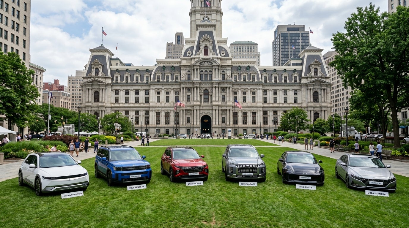 Six Hyundai cars, including electric and SUV models, parked on a lawn in front of Philadelphia City Hall. (Representative image for illustration purposes only. Actual vehicle may vary based on trim and configuration.)