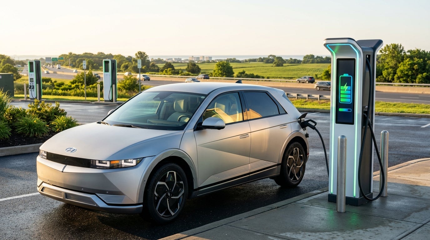 Silver Hyundai Ioniq 5 EV plugged into a modern electric vehicle charging station along a scenic highway. (Representative image for illustration purposes only. Actual vehicle may vary based on trim and configuration.)