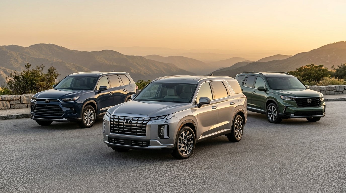 Three SUVs—a dark blue Toyota, silver Hyundai, and green Honda—parked at a mountain overlook at sunset. (Representative image for illustration purposes only. Actual vehicle may vary based on trim and configuration.)