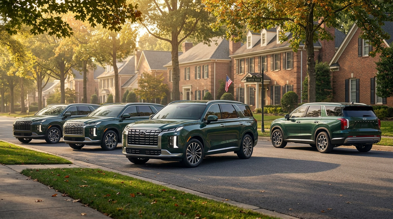 Four dark green Hyundai Palisade SUVs parked on a tree-lined suburban street lined with brick homes.