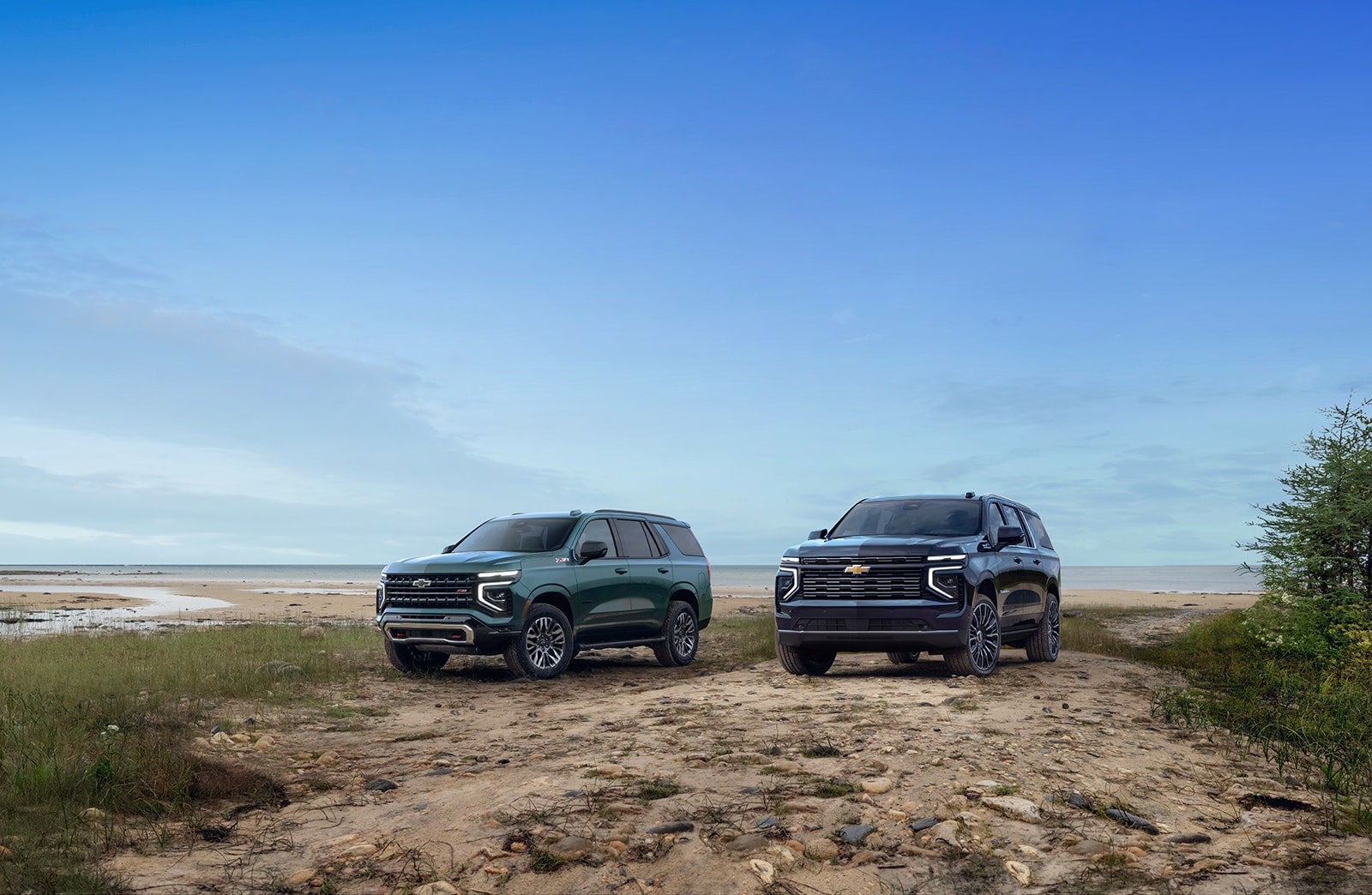 Tahoe and Suburban, parked on a dirt path next to a cloudy beach.