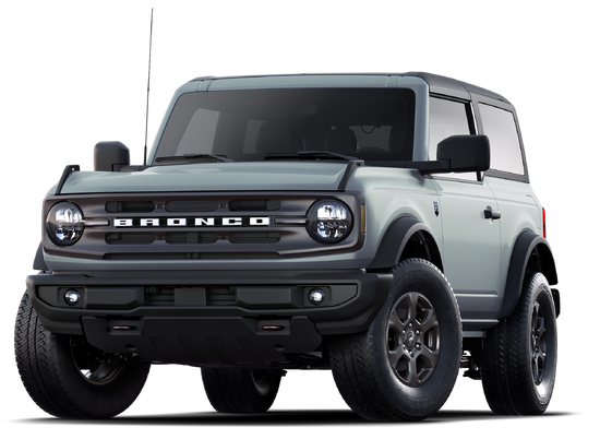 Two-door Ford Bronco SUV in silver-gray, rugged off-road design with black grille and wheels, front angle view