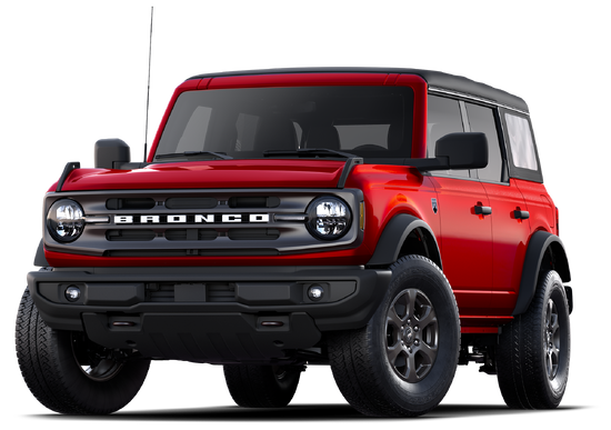 Red Ford Bronco SUV with black accents, four-door model, off-road ready with rugged stance against white background