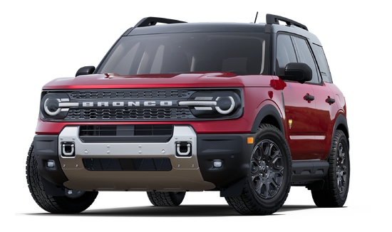 Ford Bronco Sport SUV in red and black, off-road ready with rugged bumper and all-terrain wheels
