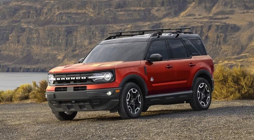 An orange 2023 Ford Bronco Sport from the front at an angle.