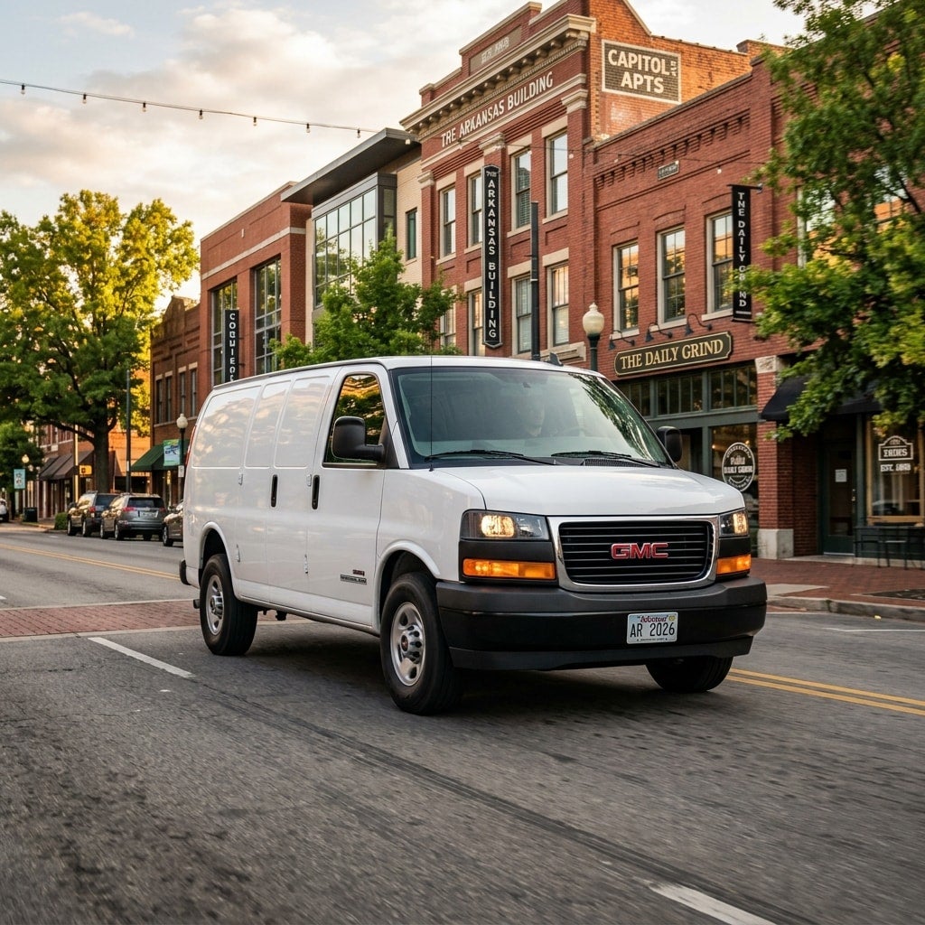 white 2026 GMC Savana Cargo Van delivering in downtown hot springs ar