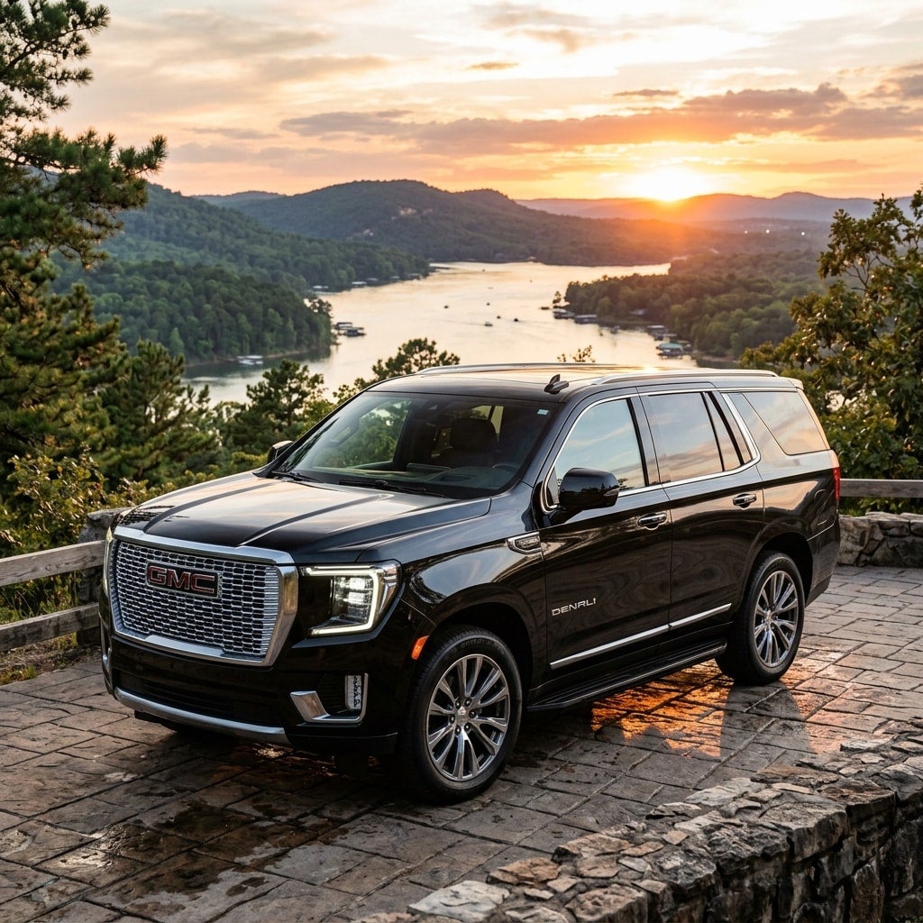 a 2026 GMC Yukon parked at a scenic overlook in Hot Springs, Arkansas overlooking Lake Hamilton
