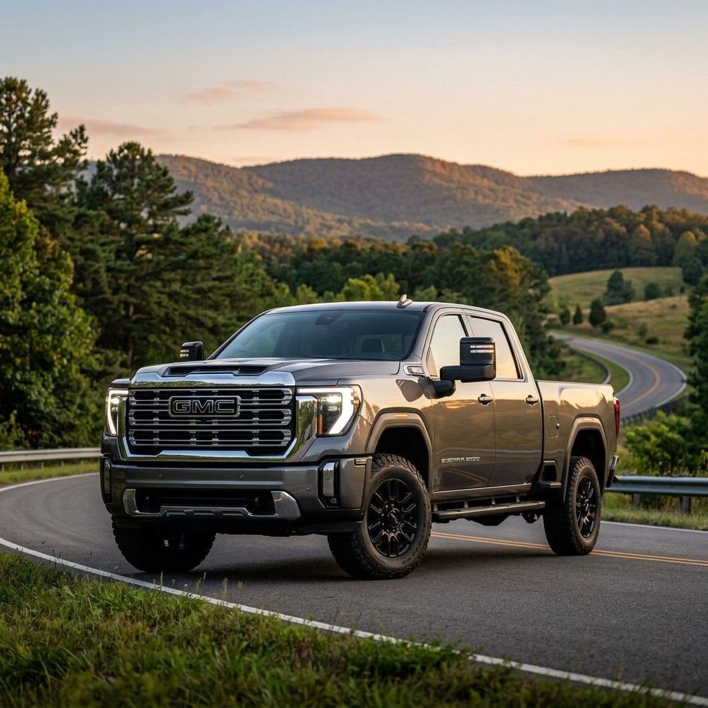 Allen Tillery conceptual 2027 GMC Sierra 2500 heavy-duty pickup truck parked on a highway in central arkansas near hot springs national park