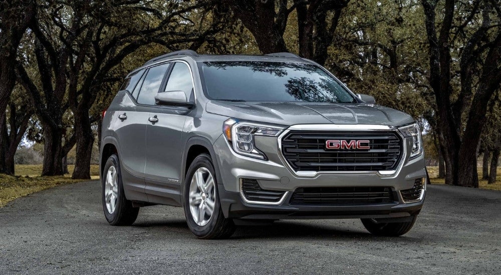 Grey 2024 GMC Terrain for sale is shown on a tree-lined path