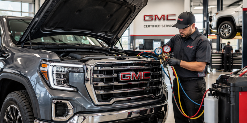Technician inspecting a GMC air conditioning system