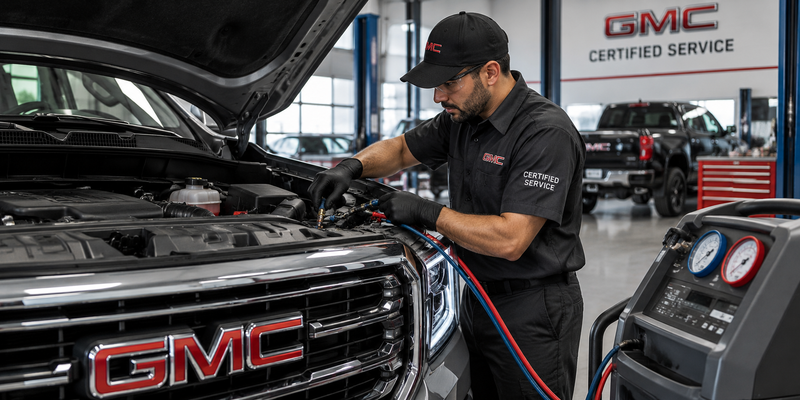GMC technician performing air conditioning system service