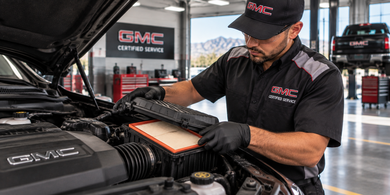 GMC engine air filter service performed by a technician