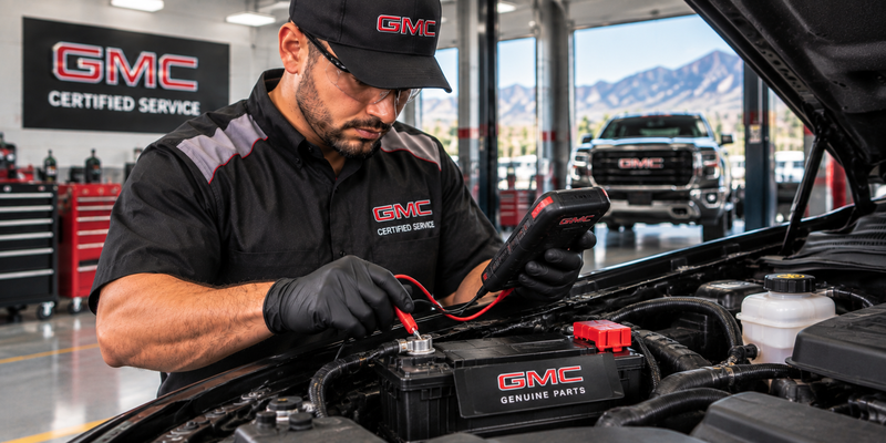 Technician testing a GMC vehicle battery
