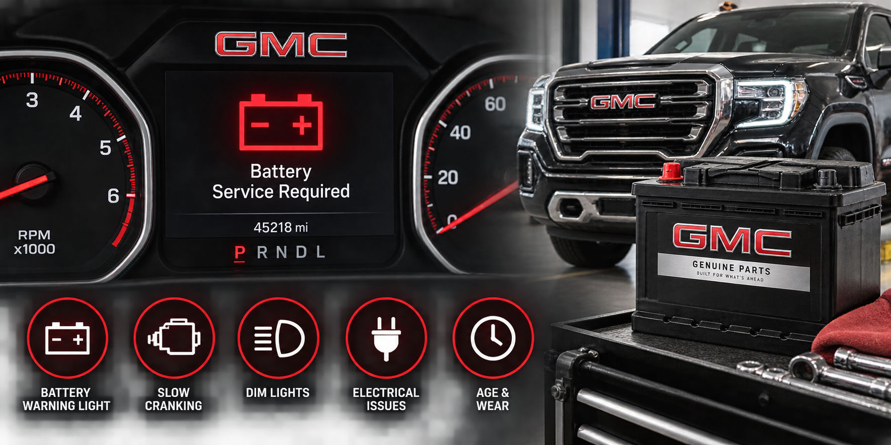 GMC battery warning and service graphic