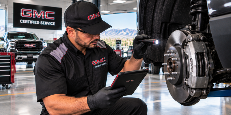 Technician inspecting a GMC brake system